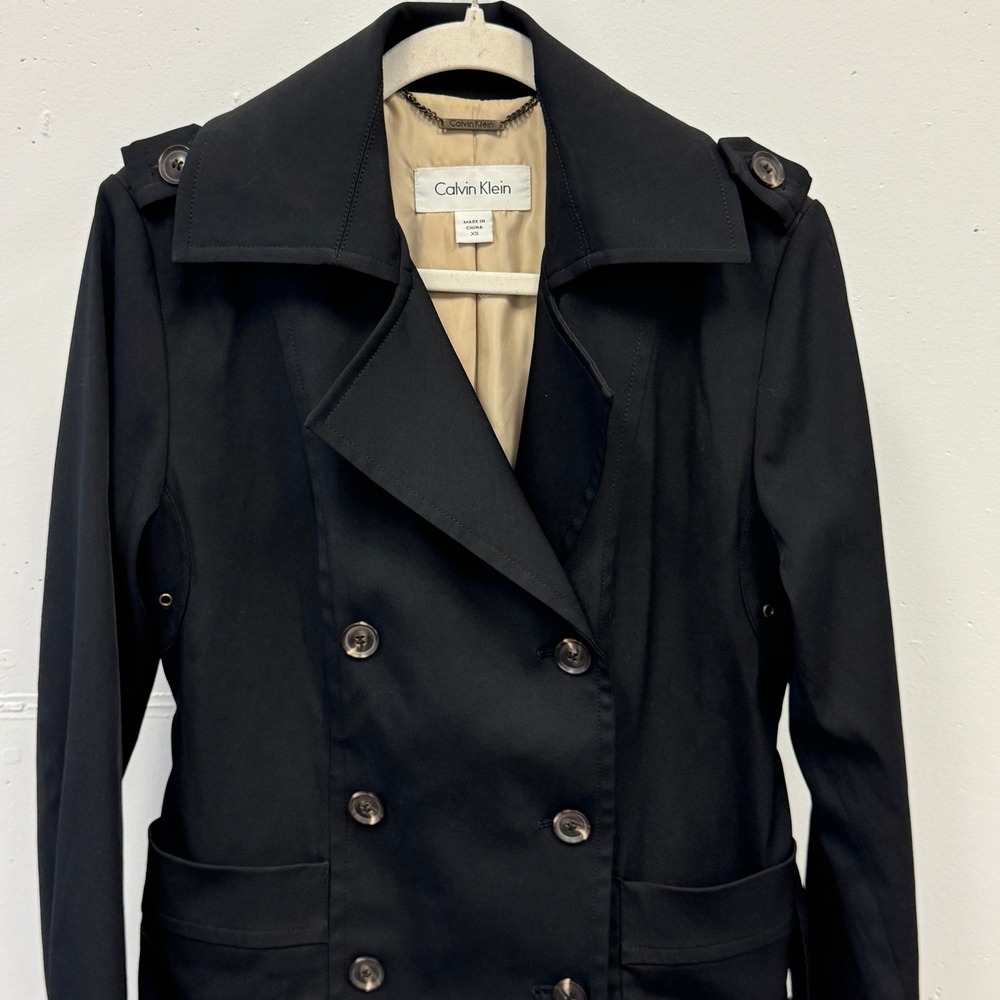 Calvin Klein Black Double Breasted Belted Trench Coat Jacket XS Epaulettes - Picture 5 of 15